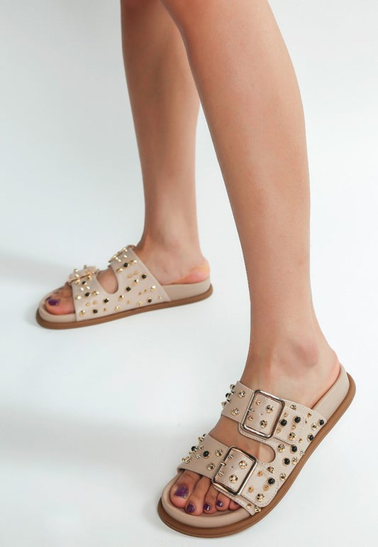 Jayata Metallic Stud Embellished Sliders - Tigbul's Variety Fashion Shop