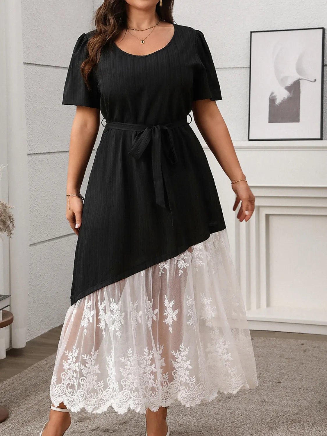 Plus Size Lace Patchwork Short Sleeve Maxi Dress - Tigbul's Variety Fashion Shop