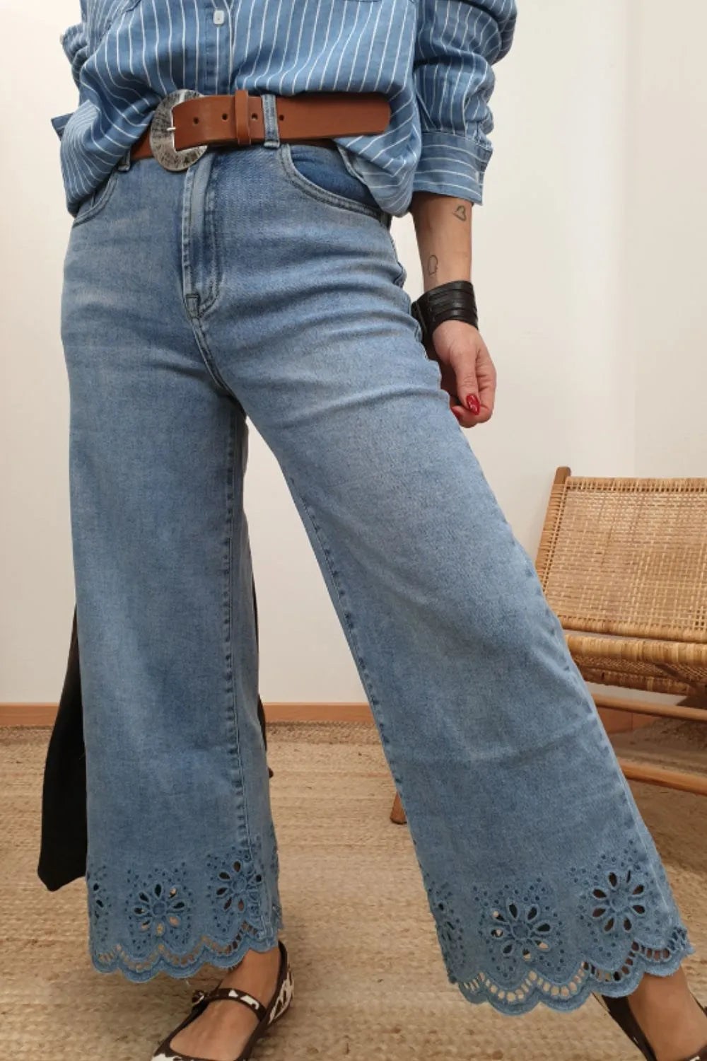 Lace Detail Cropped Wide Leg Jeans - Tigbul's Variety Fashion Shop