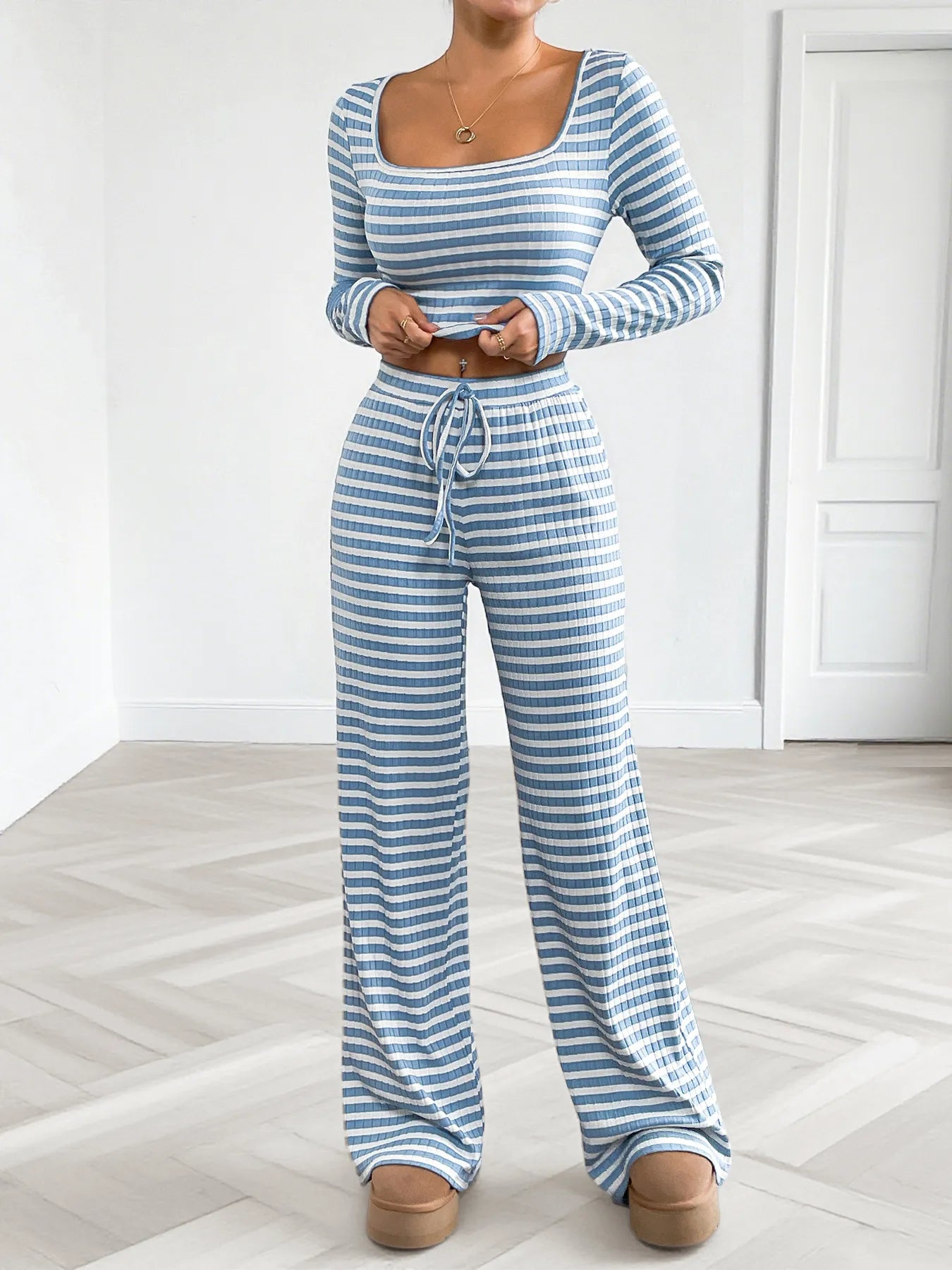 Striped Square Neck Long Sleeve Top and Pants Lounge Set - Tigbul's Variety Fashion Shop