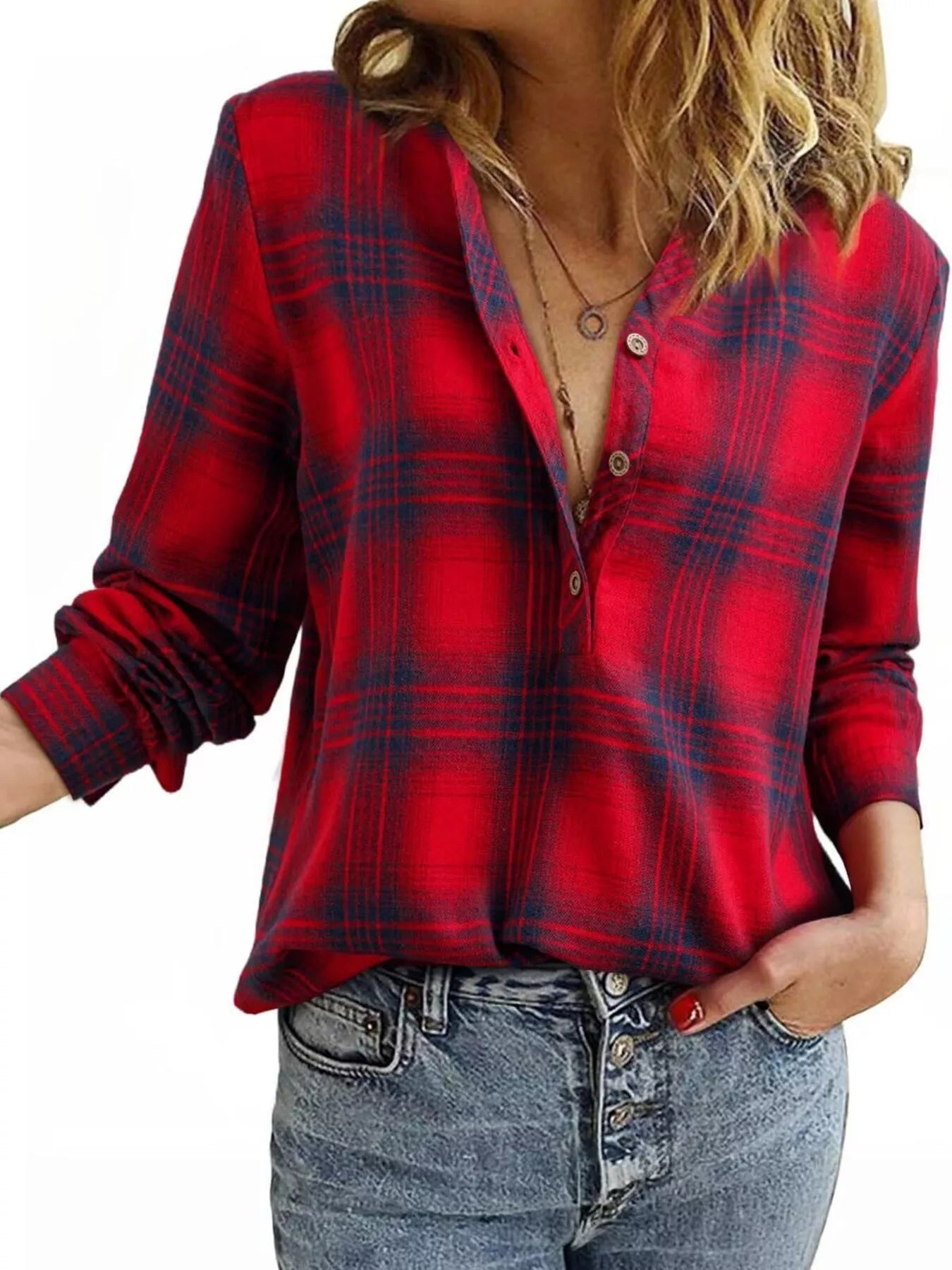 Plaid Half Button Long Sleeve Blouse - Tigbul's Variety Fashion Shop