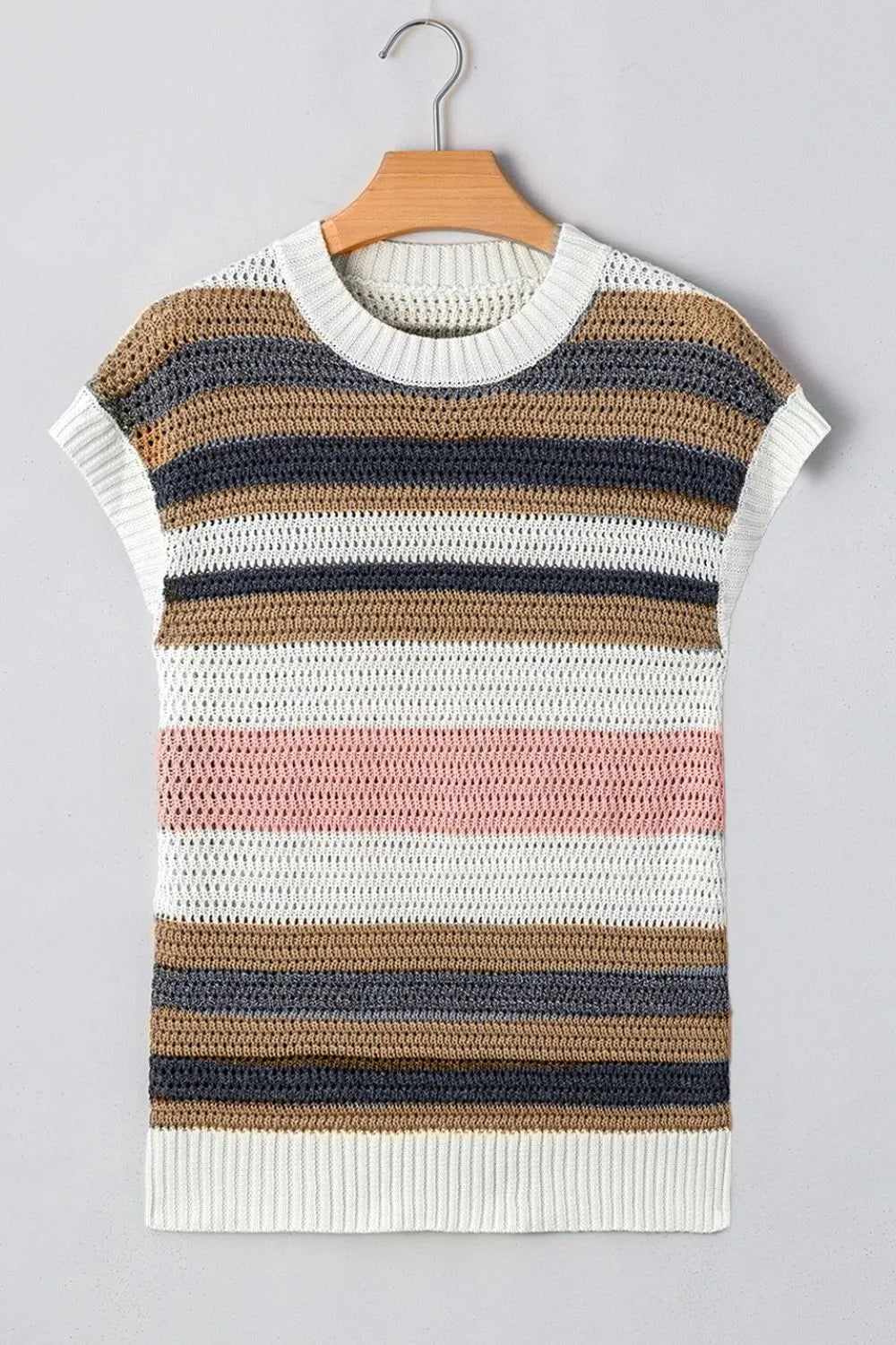 Stripe Color Block Eyelet Knit Short Sleeve Knit Top - Tigbul's Variety Fashion Shop
