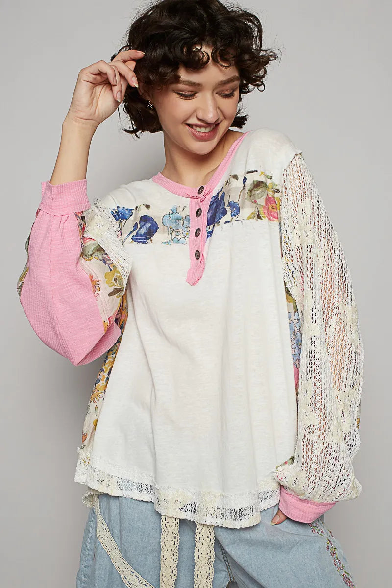 POL Button Detail Floral Patchwork Crochet Sleeve Blouse - Tigbul's Variety Fashion Shop
