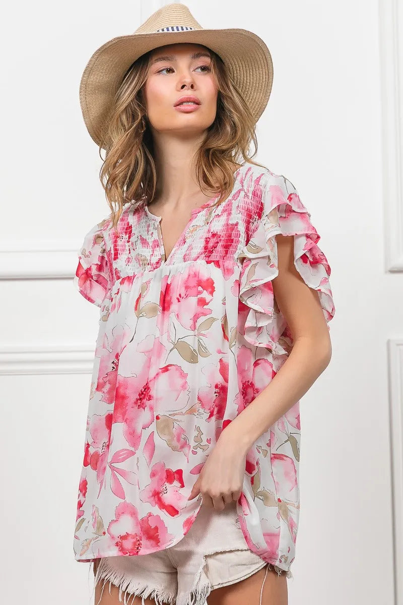 BiBi Floral Print Flutter Sheer Top - Tigbul's Variety Fashion Shop