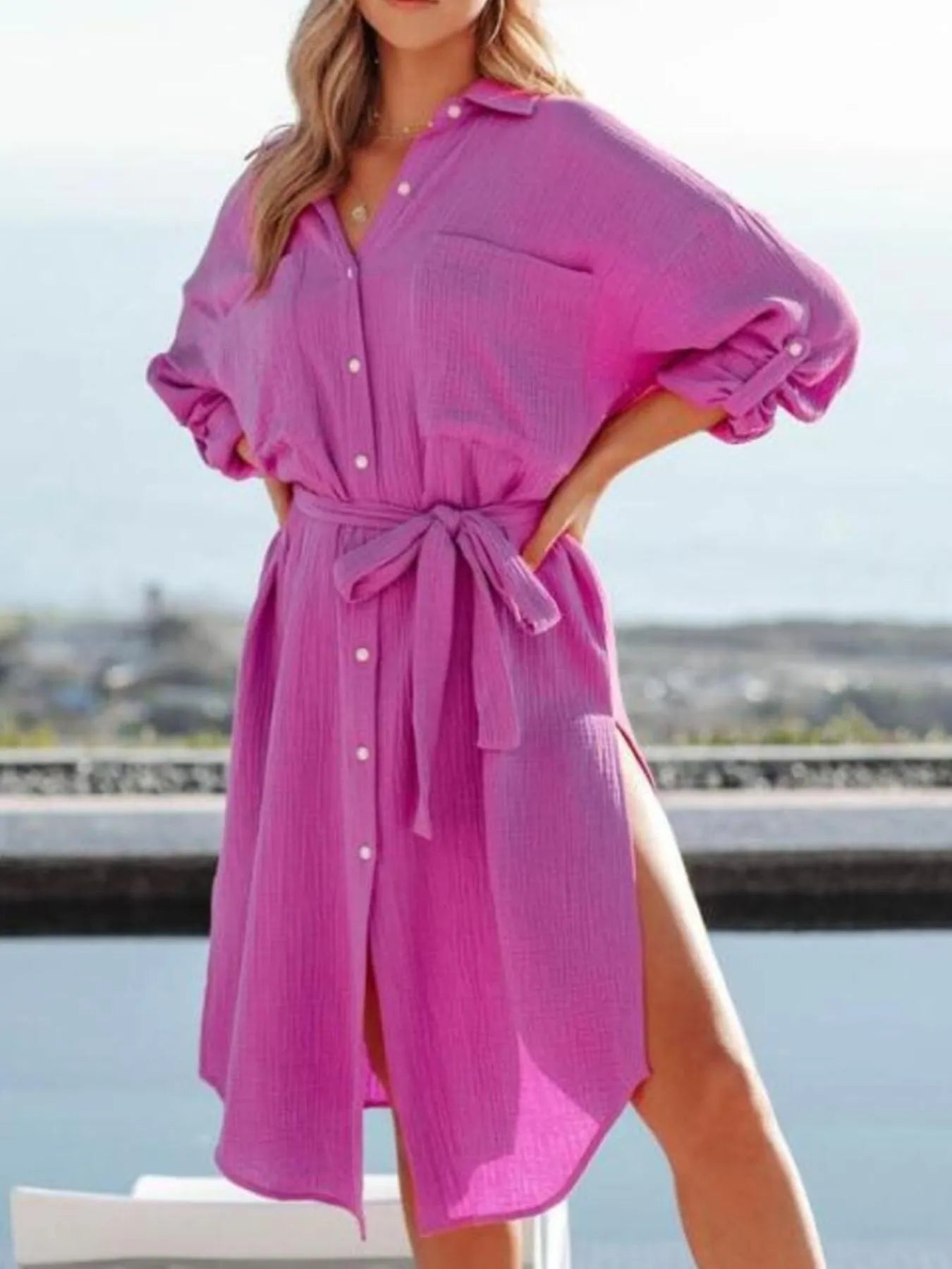 Button Down Tie Waist Shirt Dress - Tigbul's Variety Fashion Shop