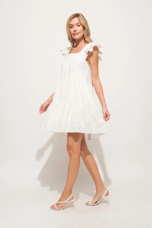Origami Pleating Ruffled Sleeve Off White Tiered Dress - Tigbul's Variety Fashion Shop