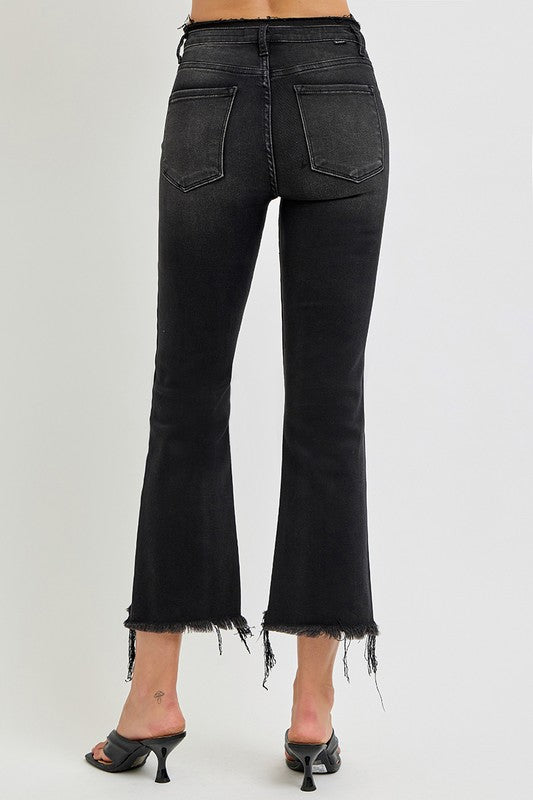 Black Raw Hem Cropped Flare Jeans - Tigbul's Variety Fashion Shop