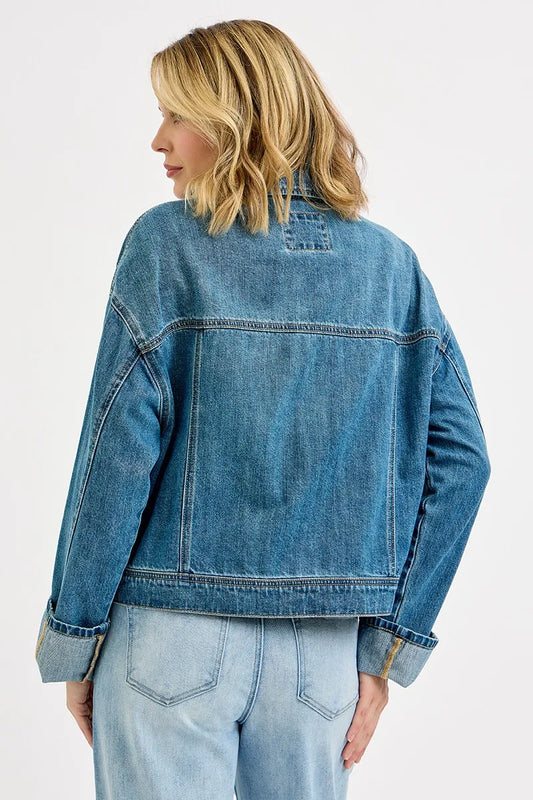RISEN Oversized Cargo Pocket Denim Jacket with Cuffed Sleeves - Tigbul's Variety Fashion Shop