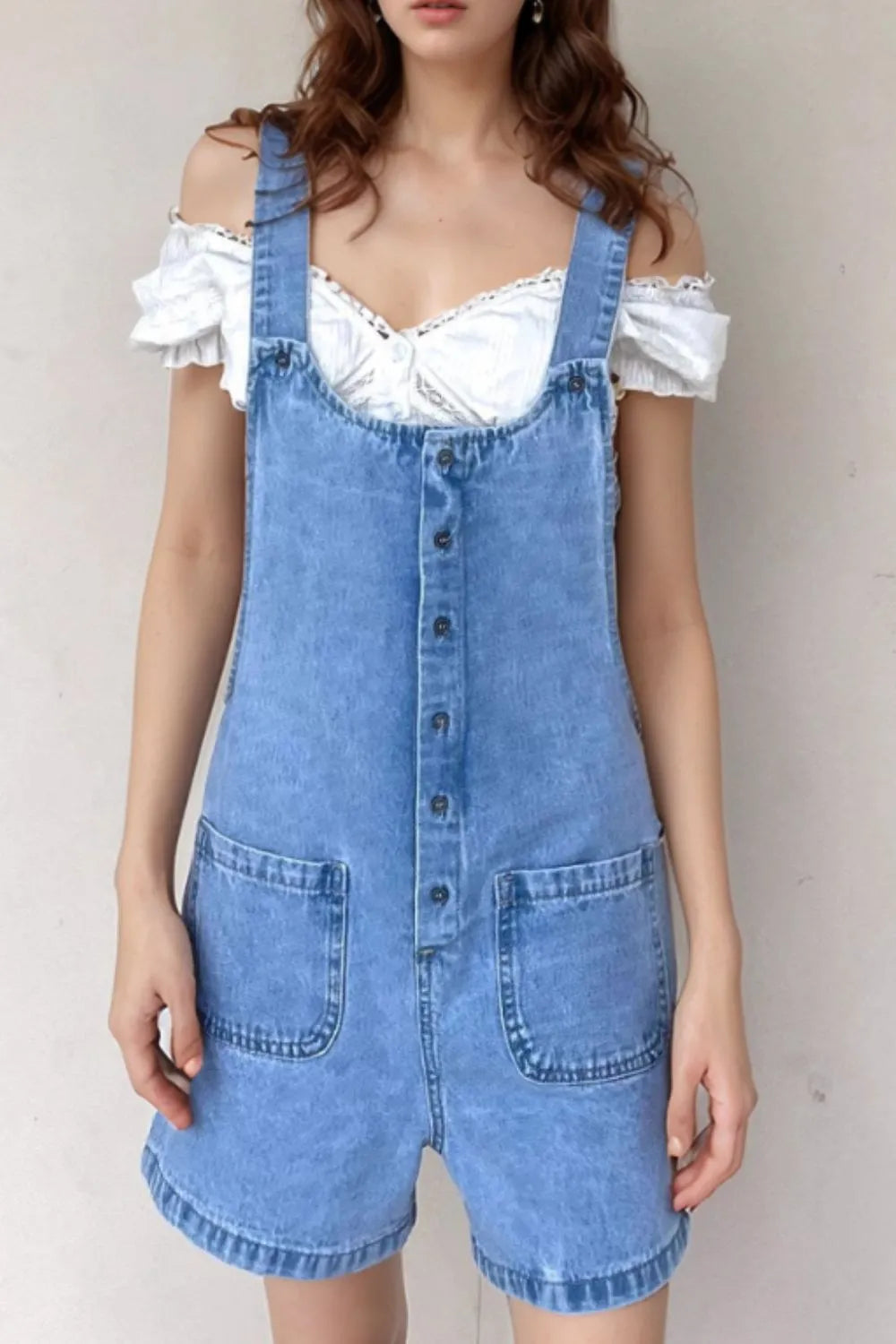 Button Front Denim Overall Shorts with Front Pockets - Tigbul's Variety Fashion Shop