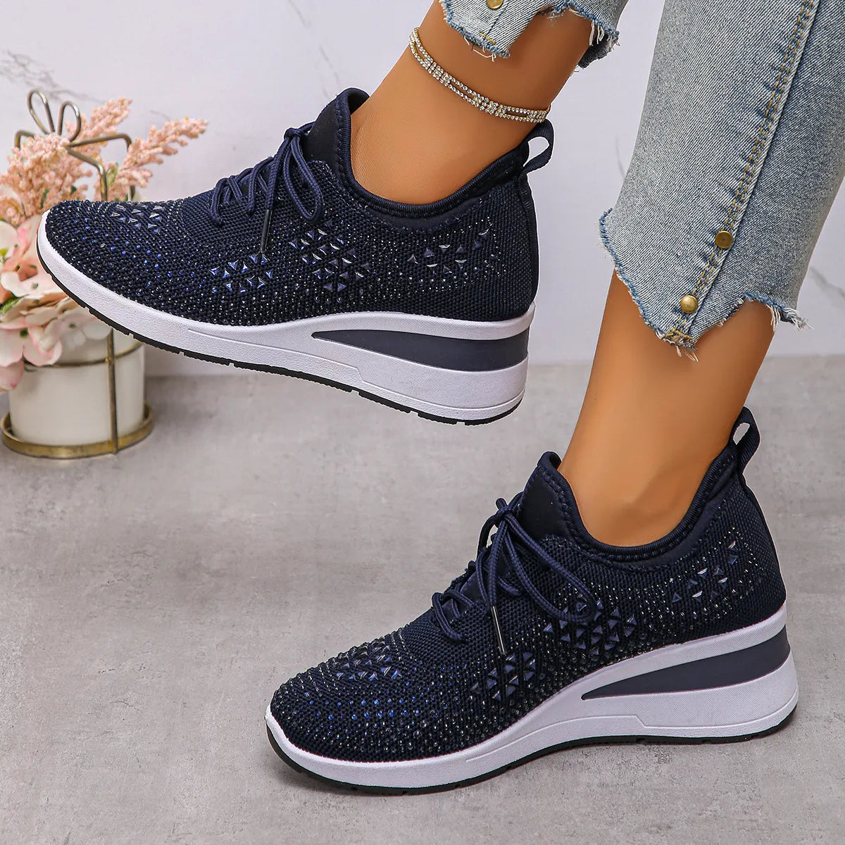 Breathable Mesh Rhinestone Wedge Athletic Sneakers - Tigbul's Variety Fashion Shop