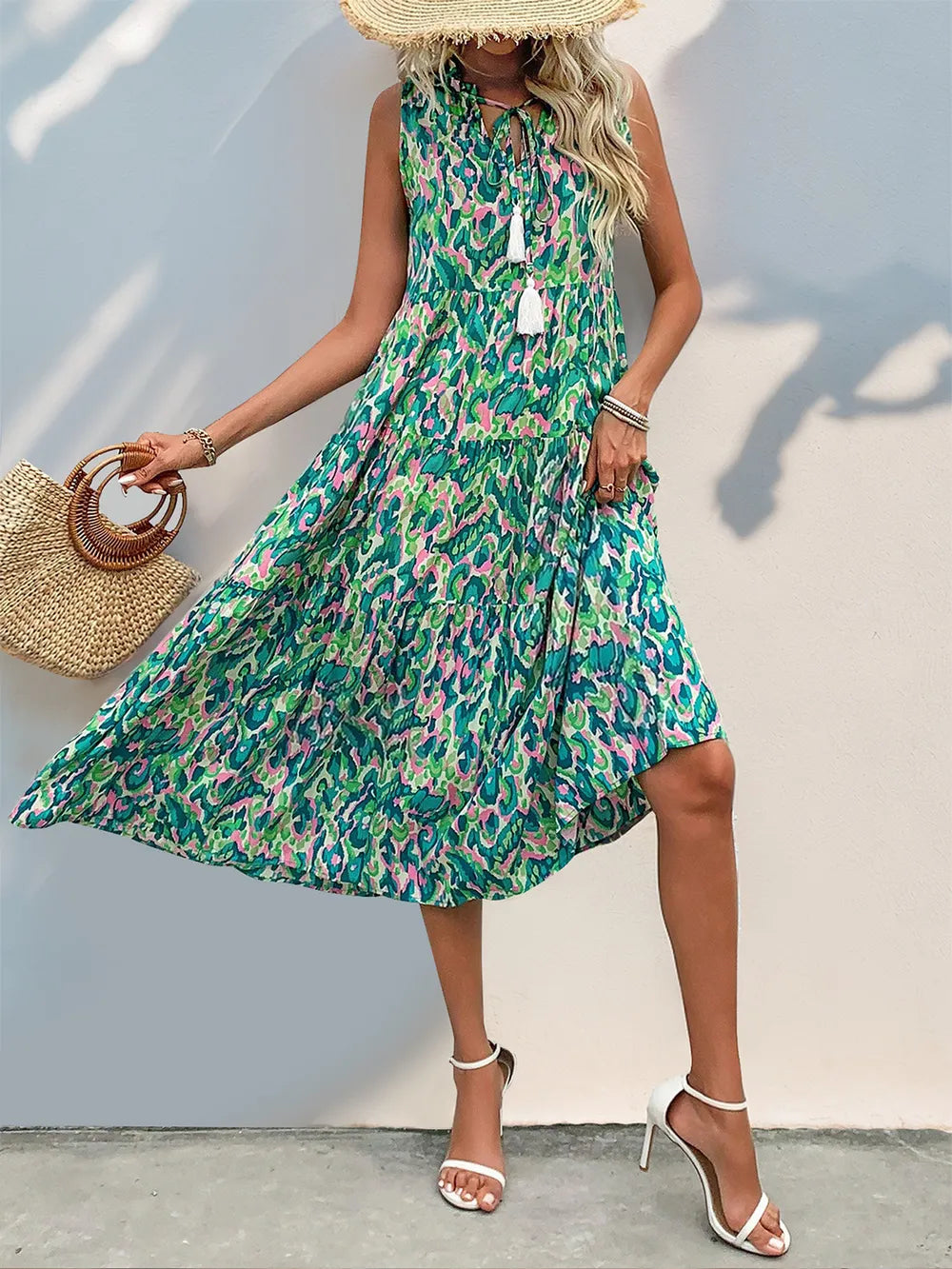 Tassel Printed Tie Neck Sleeveless Green Dress - Tigbul's Variety Fashion Shop