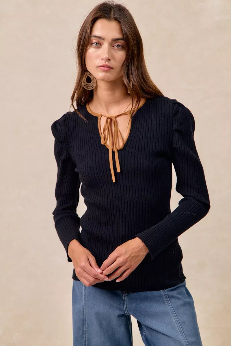 BiBi Ribbed Contrast Front Tied Top with Shrried - Tigbul's Variety Fashion Shop