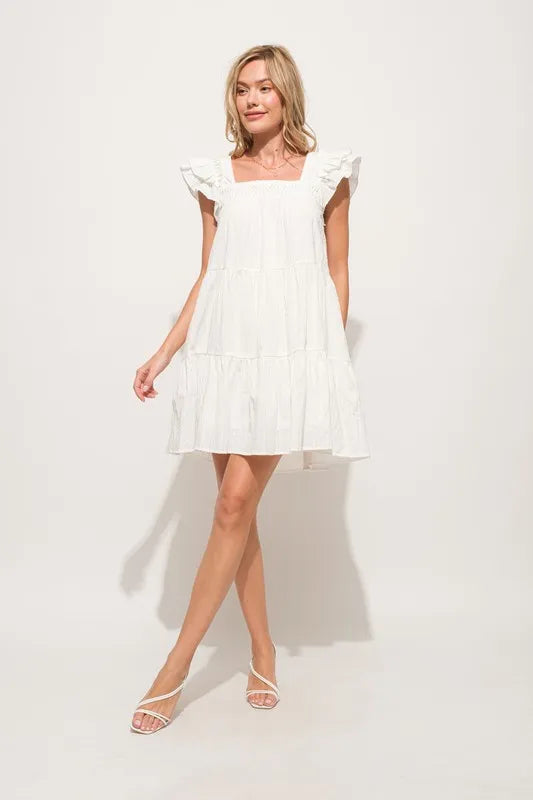 Origami Pleating Ruffled Sleeve Off White Tiered Dress - Tigbul's Variety Fashion Shop