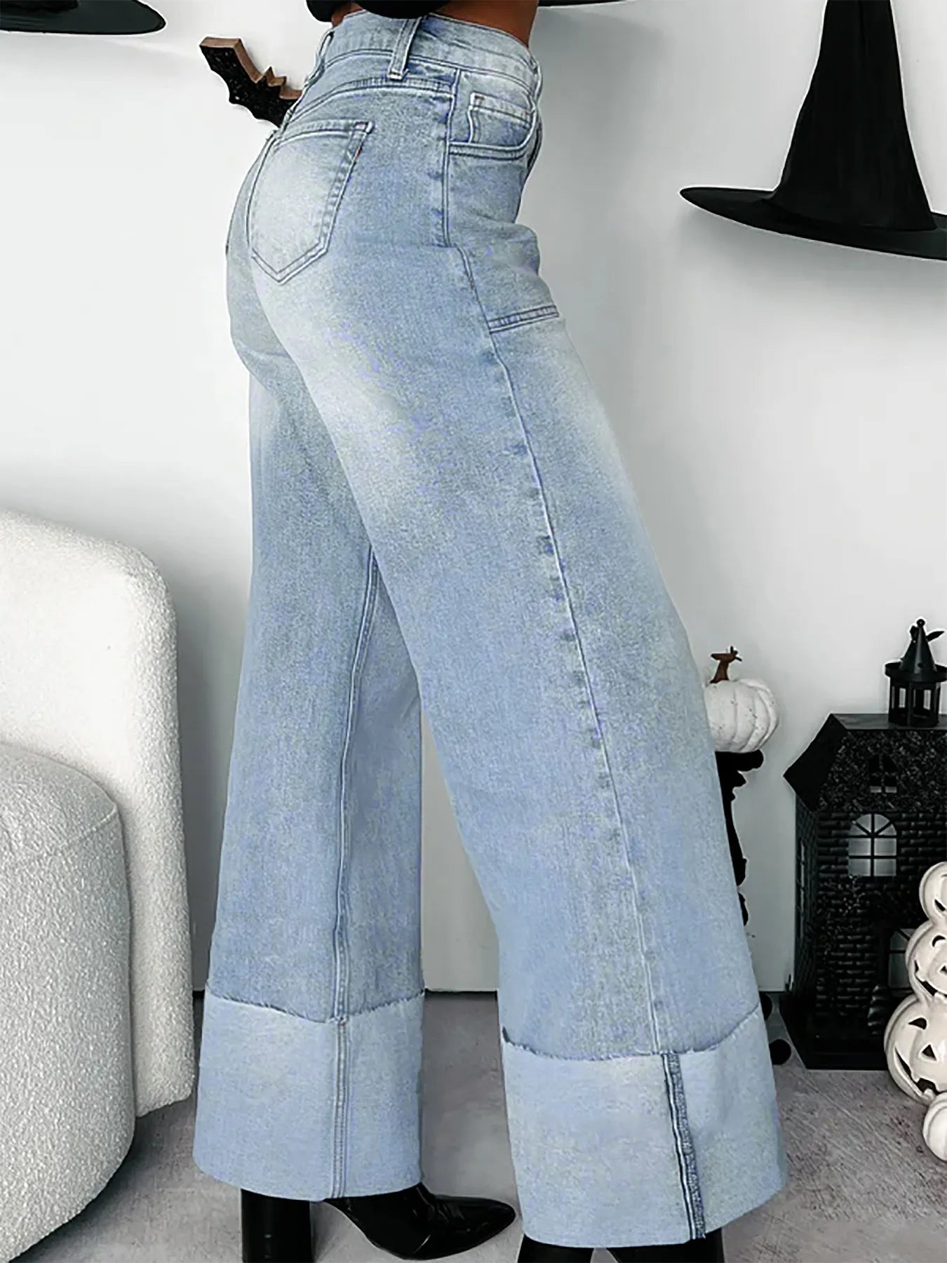 High-Waisted Wide-Leg Jeans with Cuffed Hem - Tigbul's Variety Fashion Shop