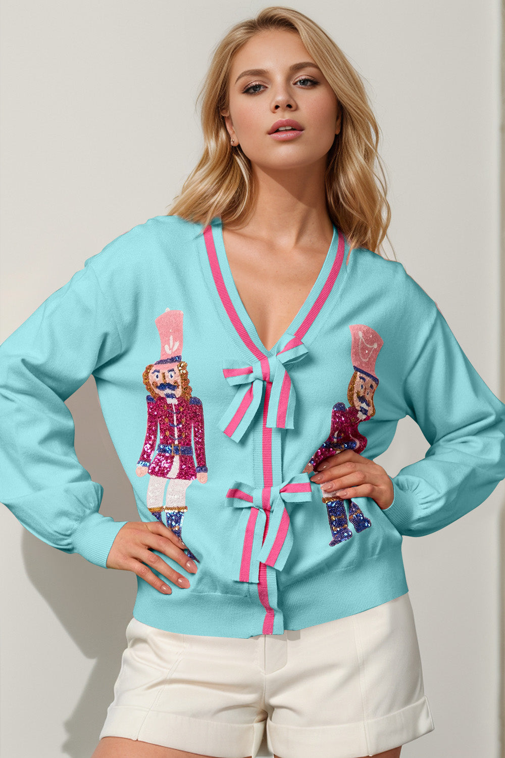 Nutcracker Sequin Bow Decor Cardigan - Tigbul's Variety Fashion Shop