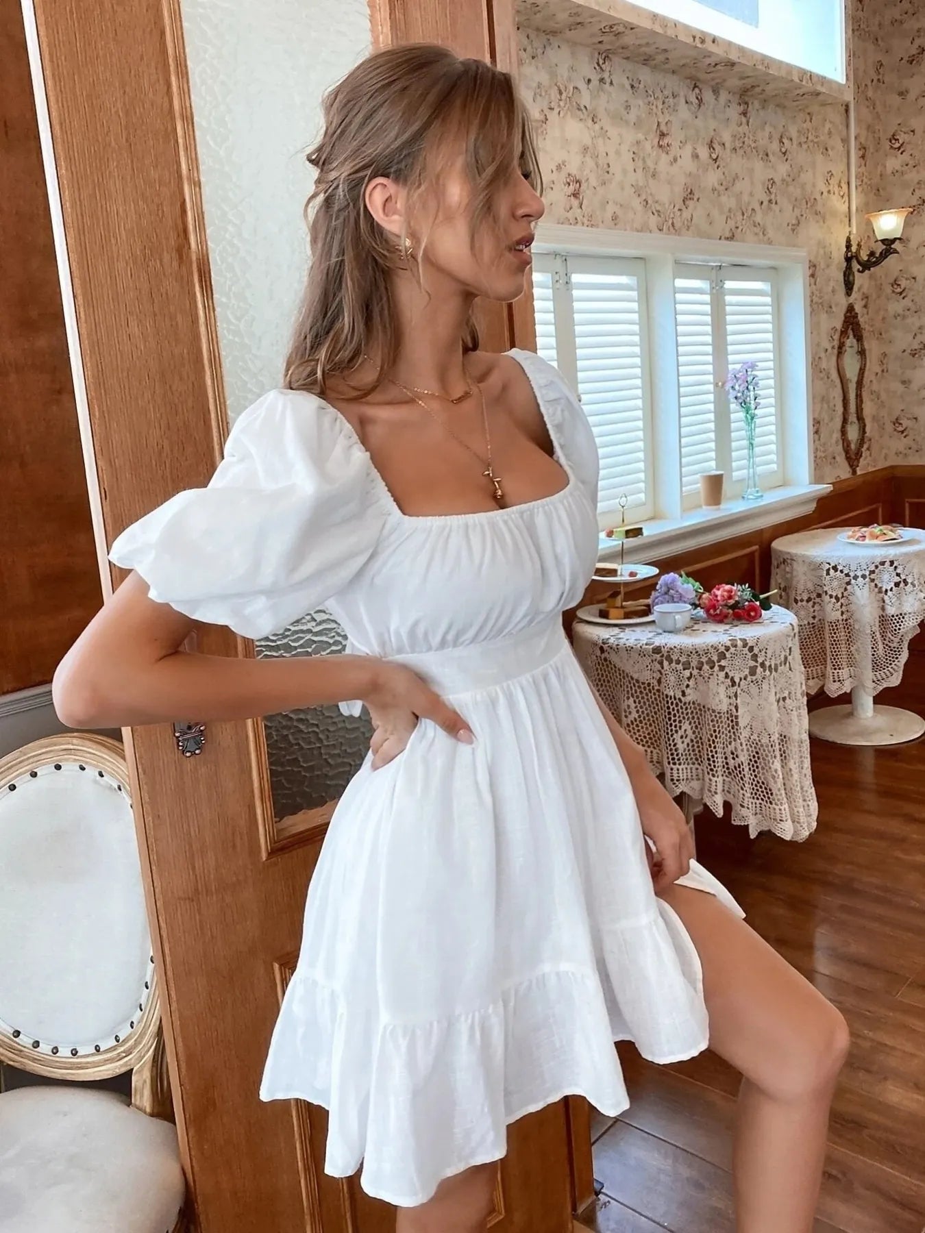 Square Neck Puff Sleeve Mini Dress - Tigbul's Variety Fashion Shop