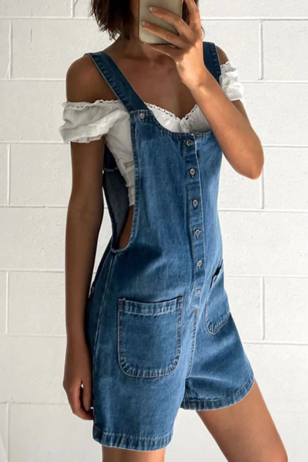 Button Front Denim Overall Shorts with Front Pockets - Tigbul's Variety Fashion Shop
