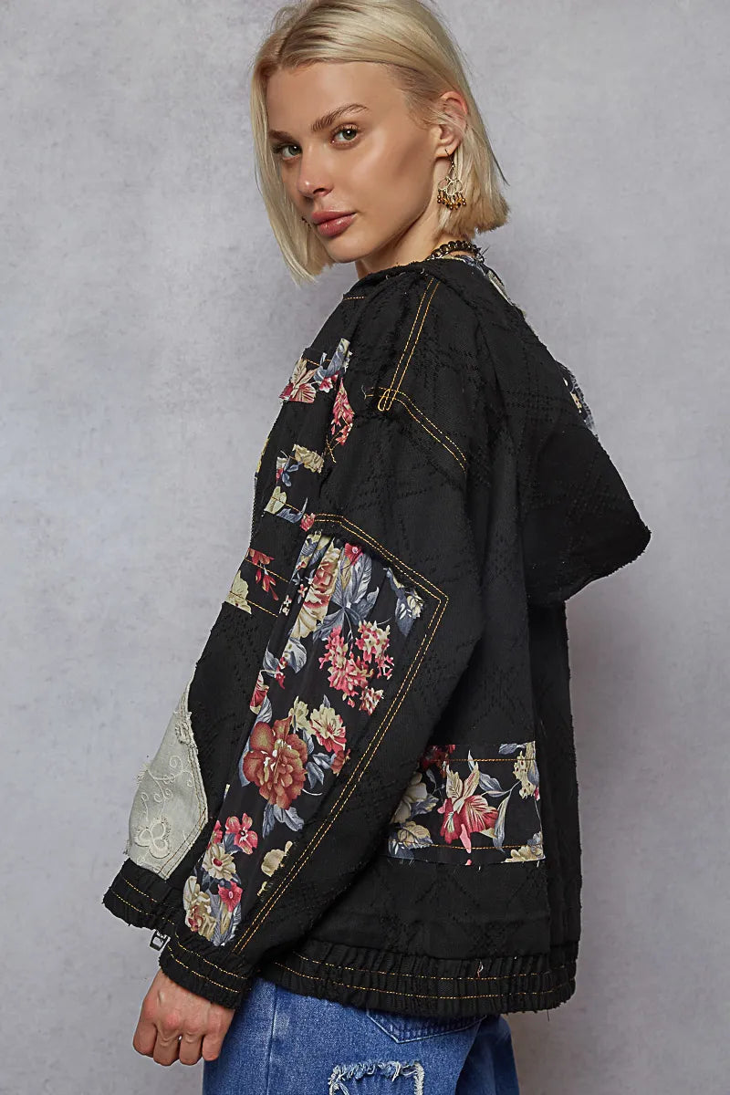 POL Zip Up Floral and Lace Patch Washed Jacket - Tigbul's Variety Fashion Shop
