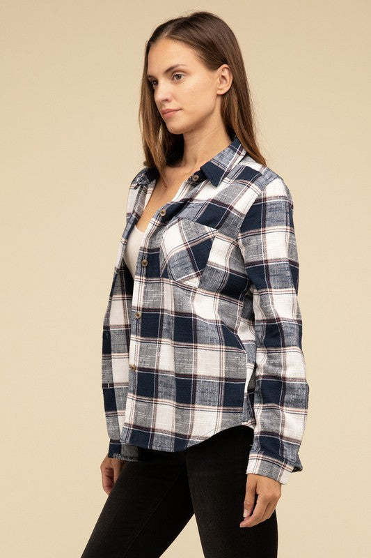 Cotton Plaid Shacket With Front Pocket - Tigbul's Variety Fashion Shop