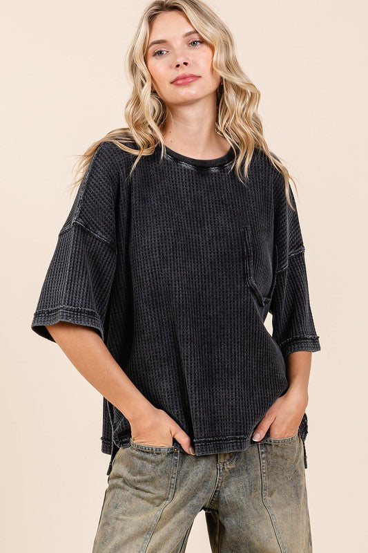 Ash Black Mineral Wash Waffle Knit Short Sleeve Top - Tigbul's Variety Fashion Shop