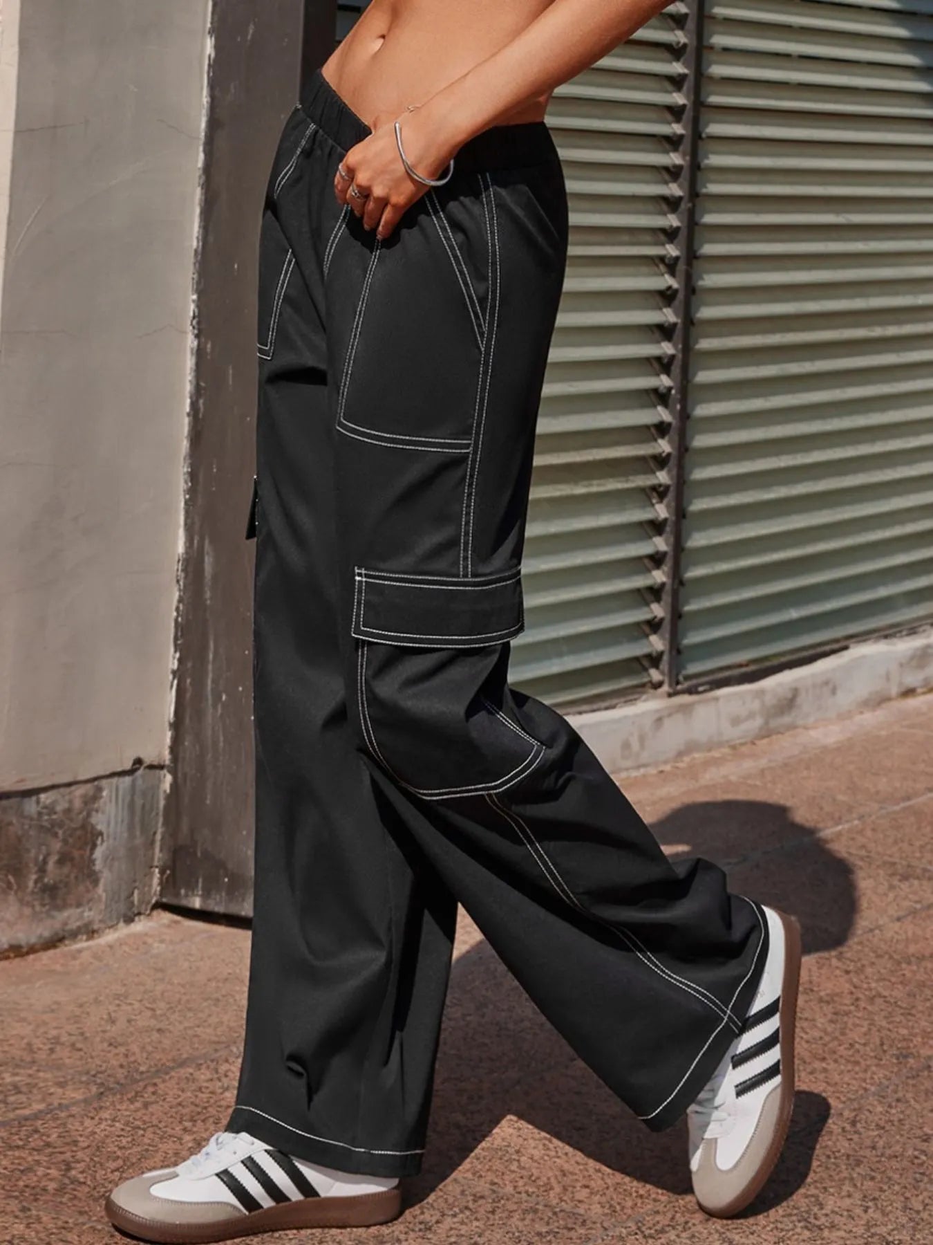 Wide Leg Pants with Contrast Stitching - Tigbul's Variety Fashion Shop