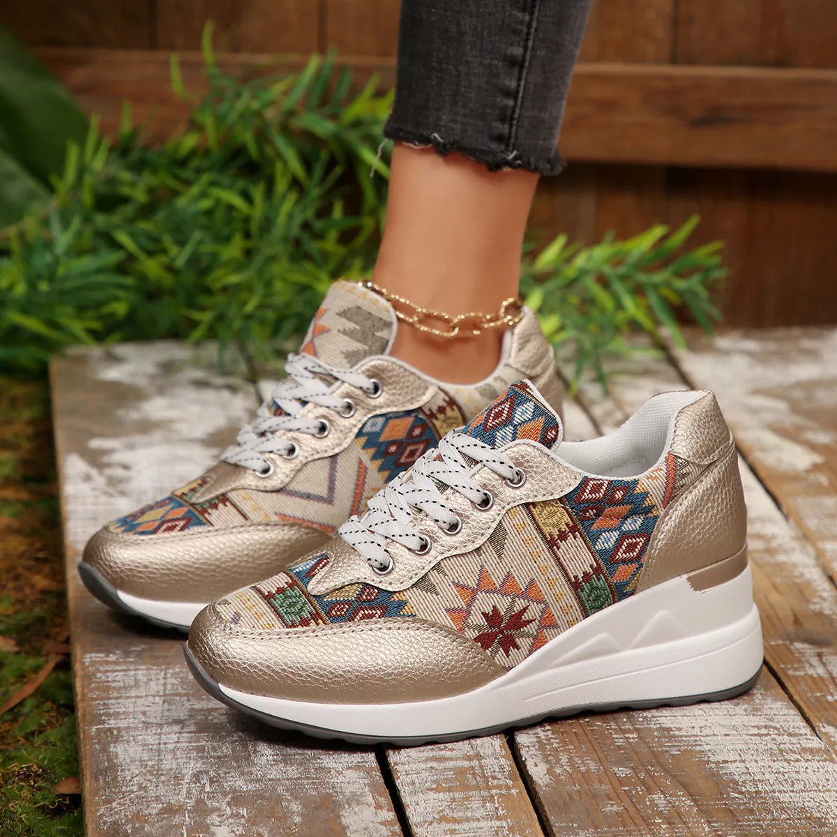 Geometric Lace Up Wedge Sneakers - Tigbul's Variety Fashion Shop