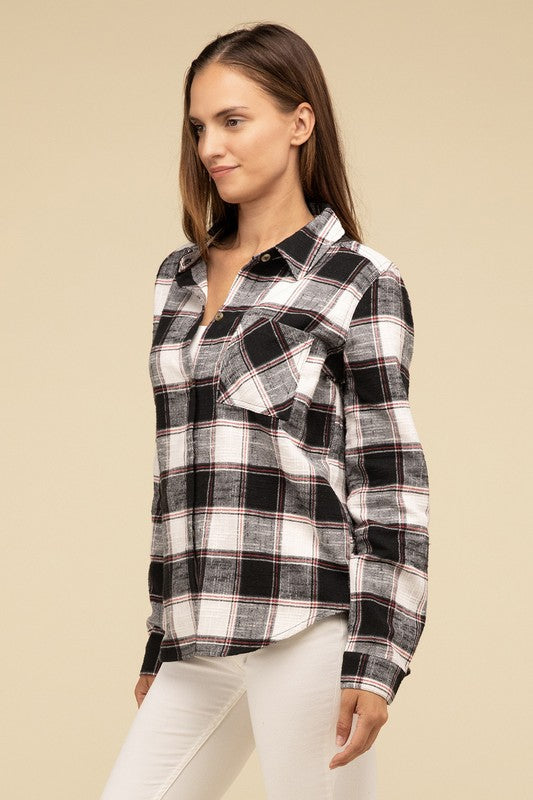 Cotton Plaid Shacket With Front Pocket - Tigbul's Variety Fashion Shop
