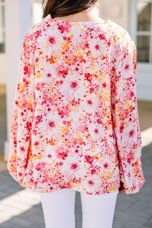 Women Pink Floral Bubble Sleeve V Neck Blouse - Tigbul's Variety Fashion Shop