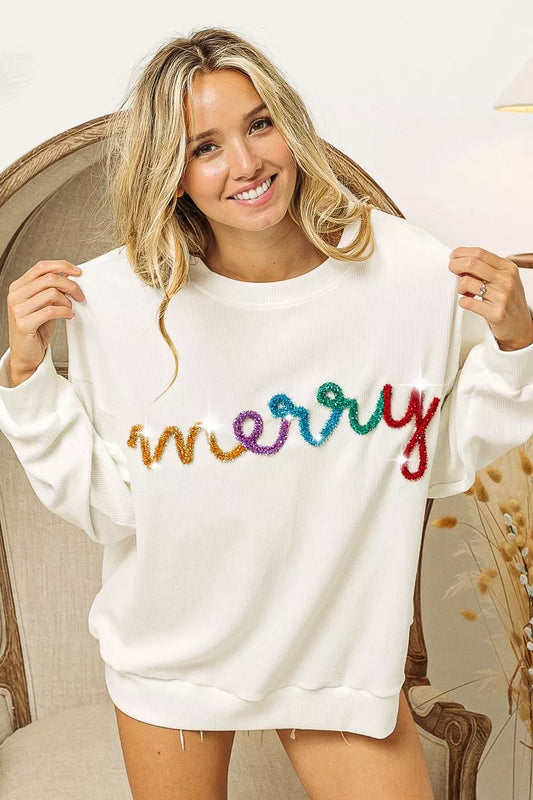 BiBi Merry Tinsel Lettering Drop Shoulder Sweatshirt - Tigbul's Variety Fashion Shop