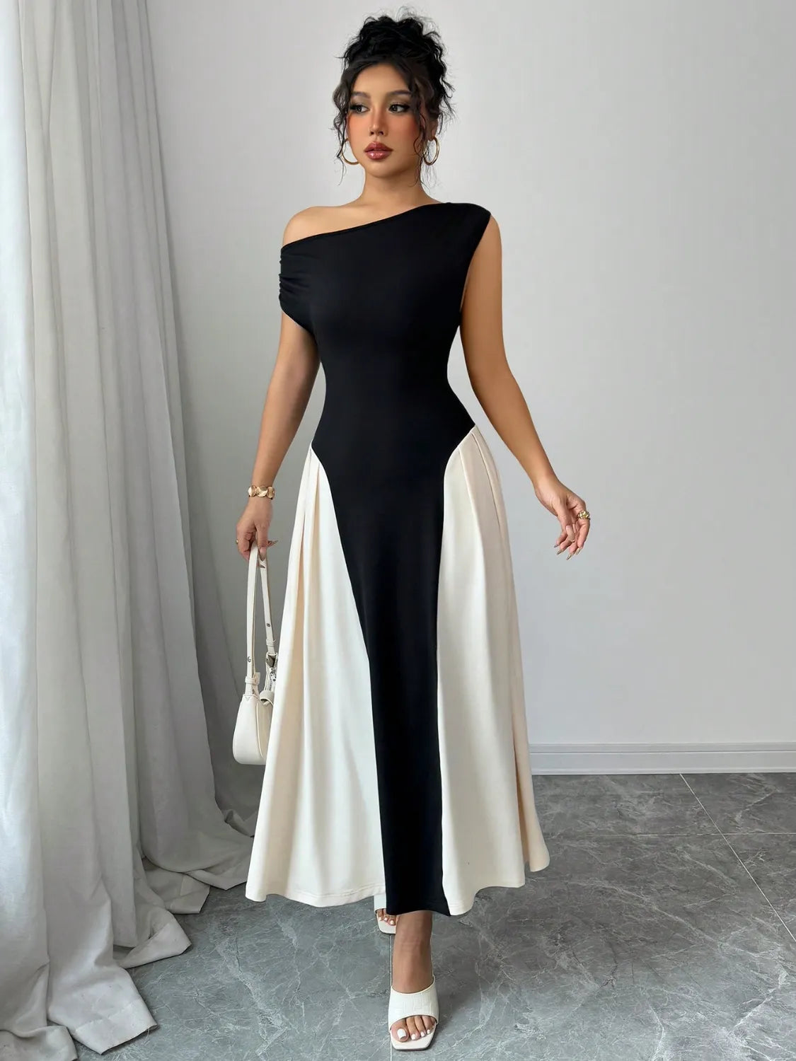 Contrast Single Shoulder Midi Dress - Tigbul's Variety Fashion Shop
