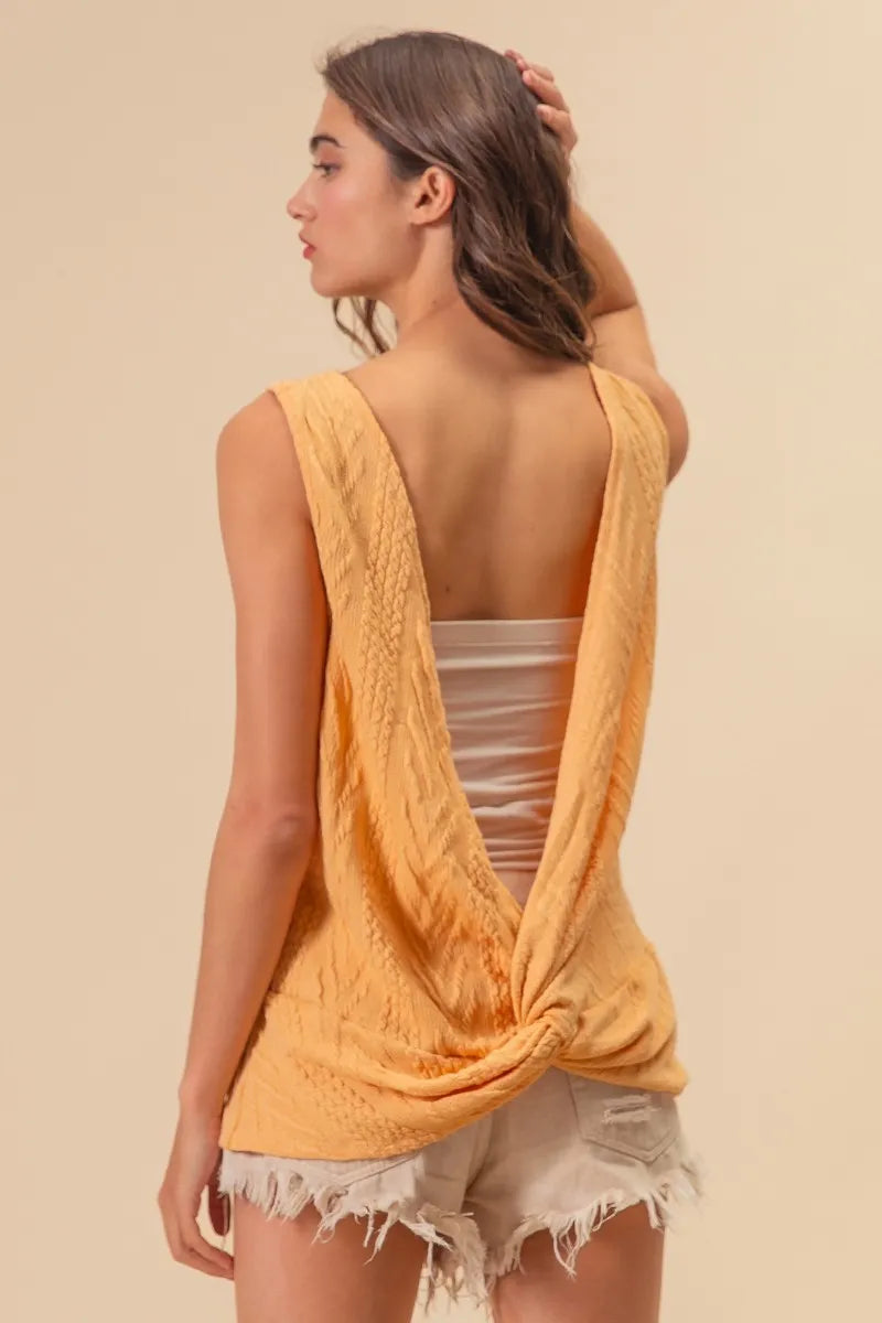Textured Sweather Knit Twist Back Sleeveless Yellow Top - Tigbul's Variety Fashion Shop