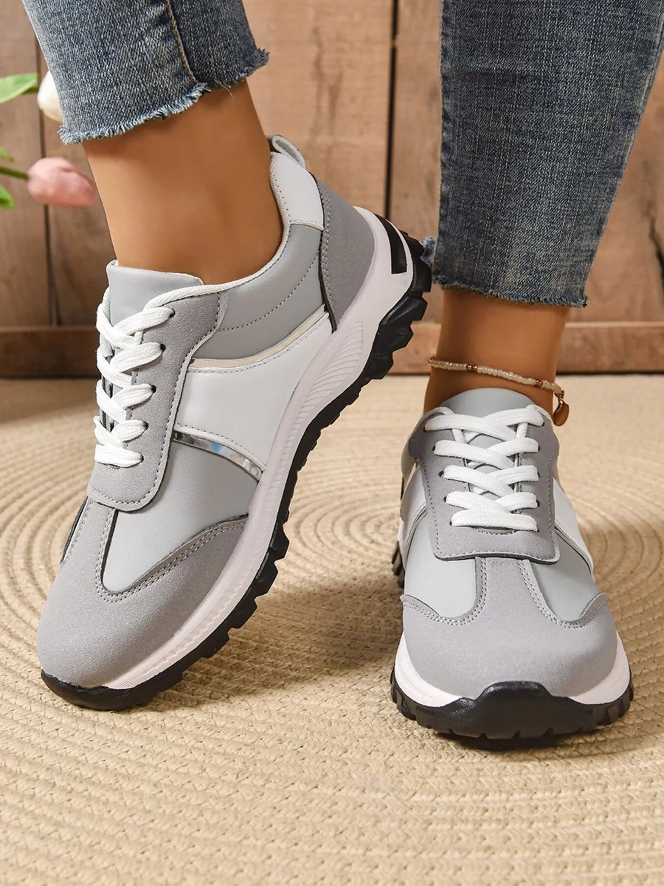 Contrast Lace Up Sneakers - Tigbul's Variety Fashion Shop