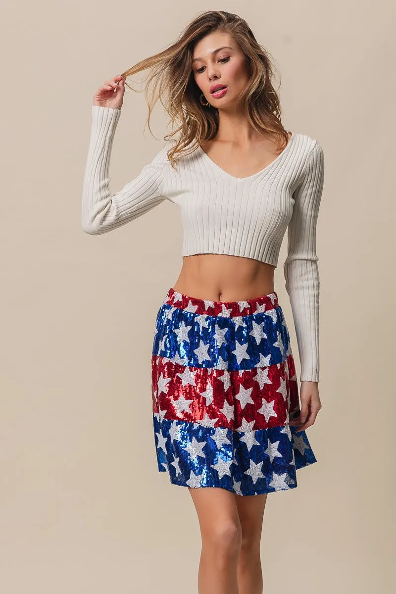 American Flag Theme Star Sequin Tiered Skirt - Tigbul's Variety Fashion Shop