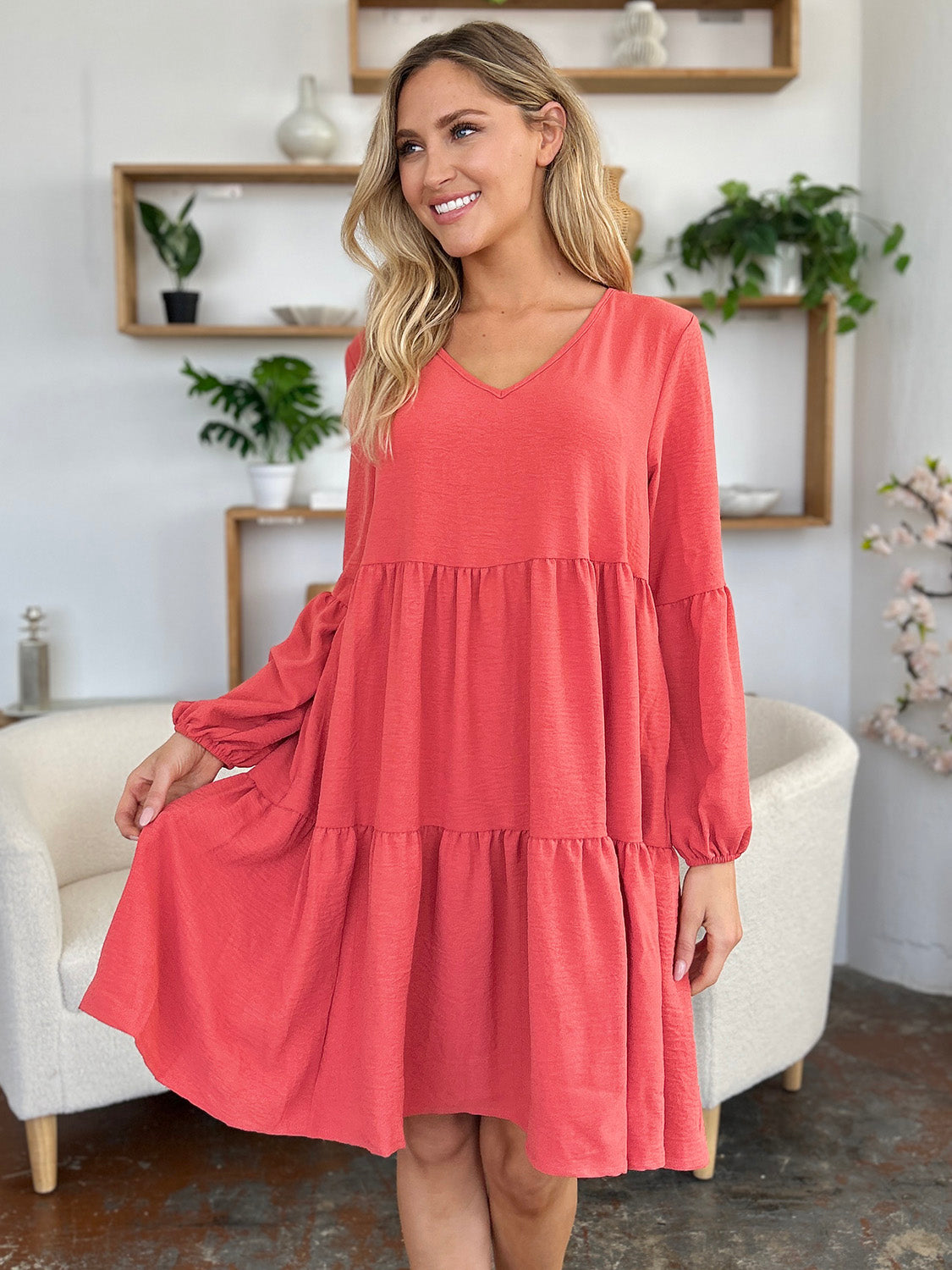V-Neck Balloon Sleeve Tiered Dress with Pockets - Tigbul's Variety Fashion Shop