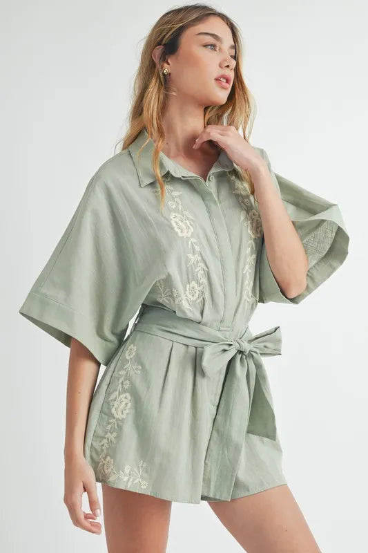Embroidered Button Down Collared Neck Romper - Tigbul's Variety Fashion Shop