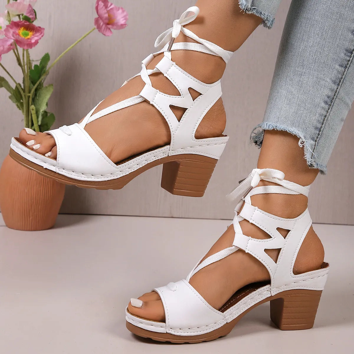Lace-Up Block Heel Sandals - Tigbul's Variety Fashion Shop