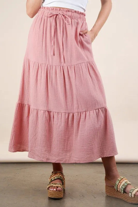 Pink Elastic Waist Tiered Maxi Skirt - Tigbul's Variety Fashion Shop