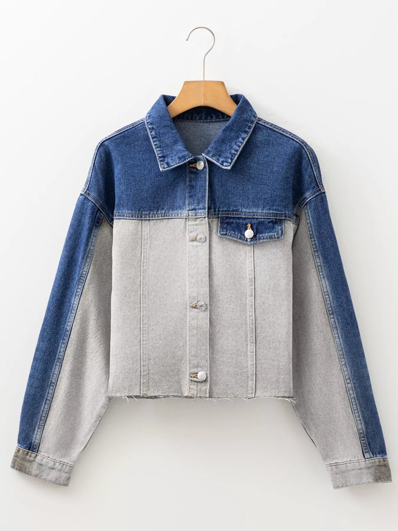 Color Block Patchwork Raw Hem Denim Jacket - Tigbul's Variety Fashion Shop