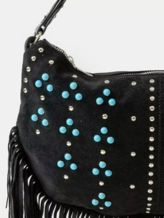 Black Studded Pattern Multi Fringe Hobo Shoulder Bag - Tigbul's Variety Fashion Shop