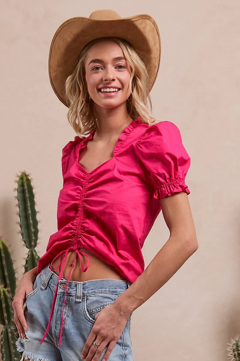 Ruffled Square Neck With Front Ruched Puff Sleeve - Tigbul's Variety Fashion Shop