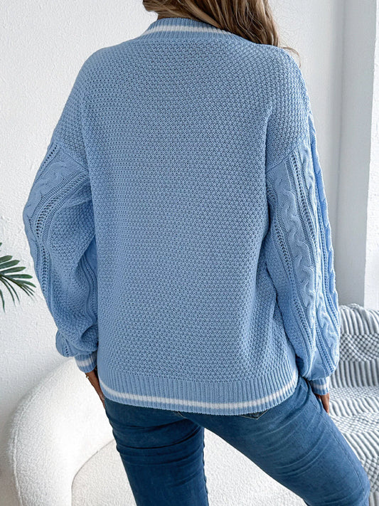 Cable Knit V-Neck Long Sleeve Sweater - Tigbul's Variety Fashion Shop