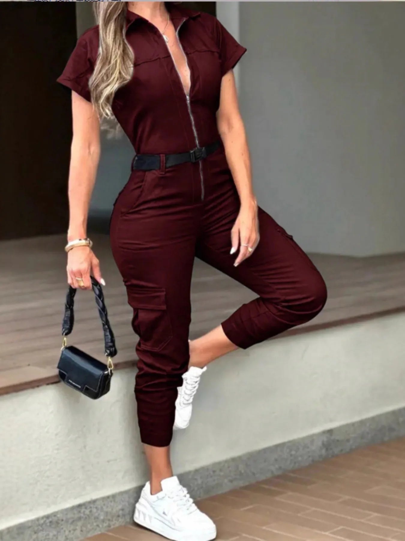 Zip Front Short Sleeve Jumpsuit - Tigbul's Variety Fashion Shop