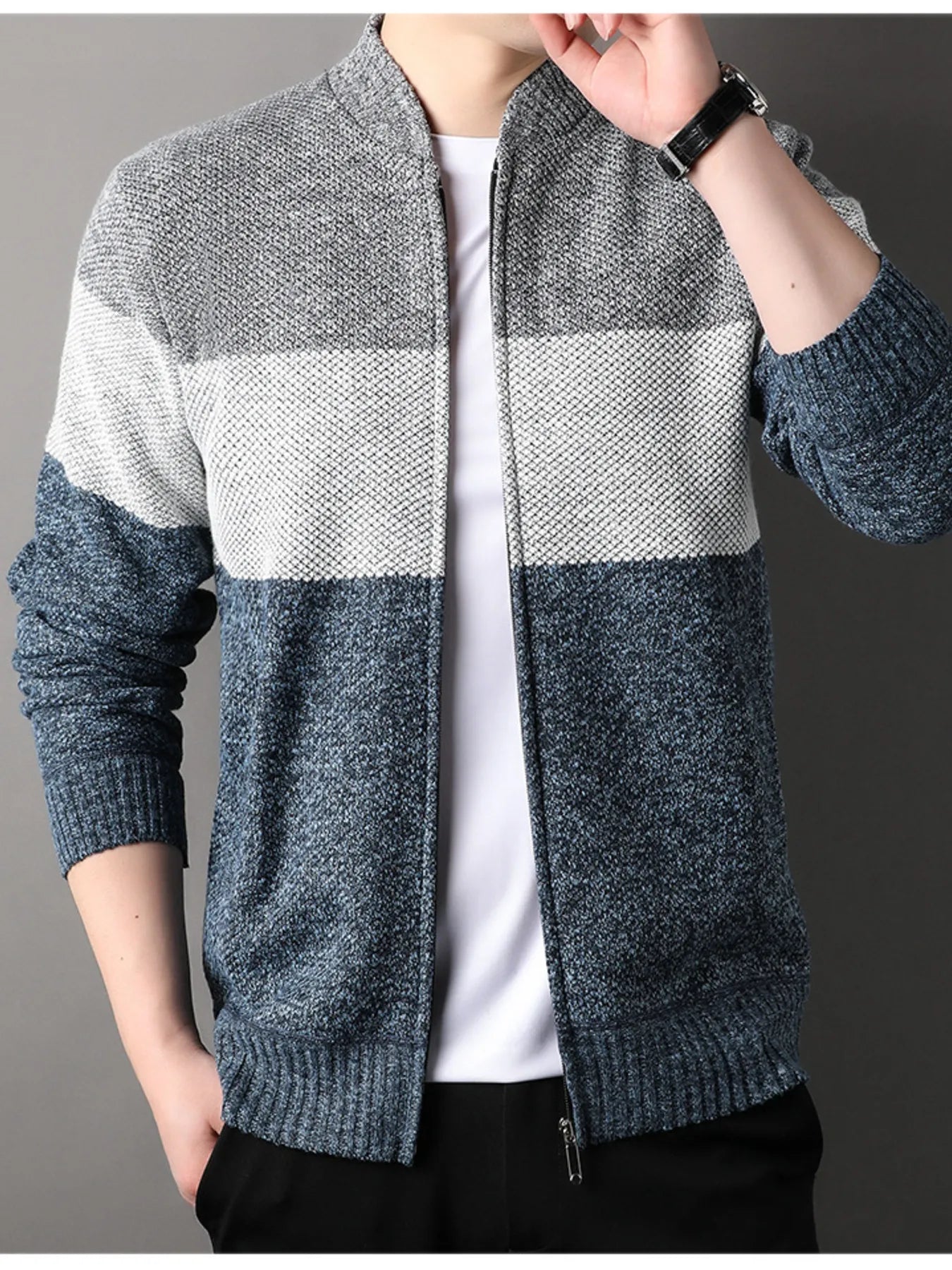 Men's Plus Size Color Block Zip Up Cardigan - Tigbul's Variety Fashion Shop