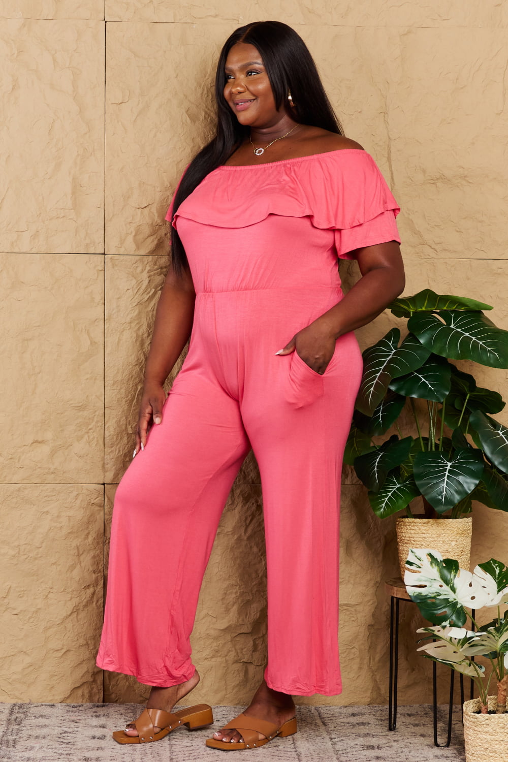 2XL Off-Shoulder Jumpsuit with Pockets in Coral Color - Tigbul's Variety Fashion Shop
