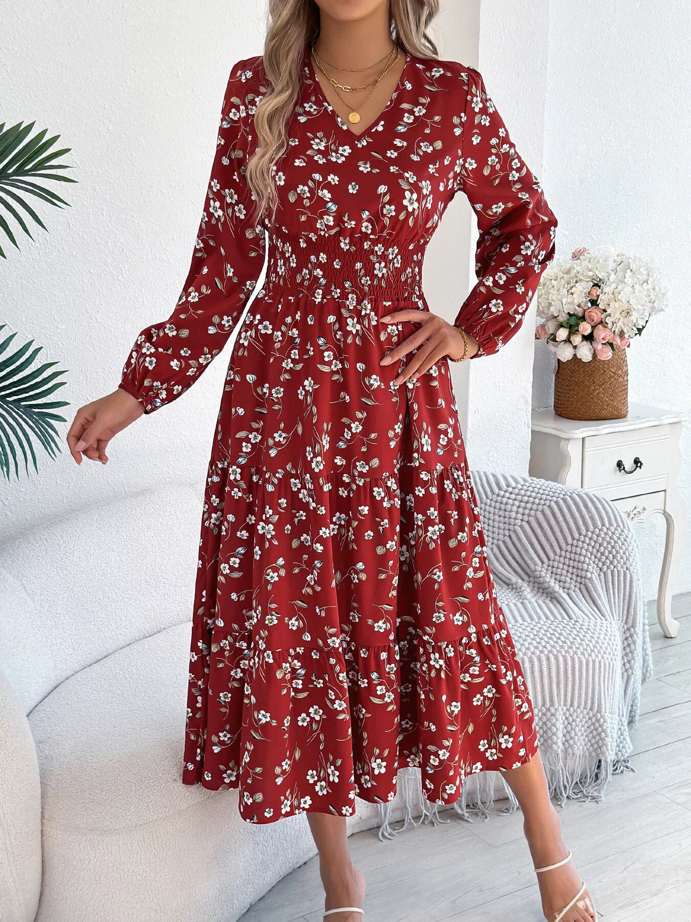 Floral Print Long Sleeve V-Neck Midi Dress - Tigbul's Variety Fashion Shop