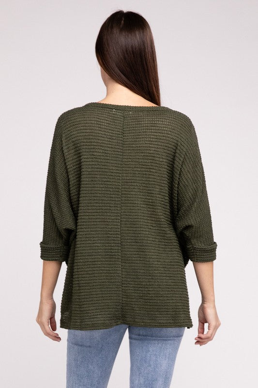 3/4 Sleeve V-Neck Hi-Low Hem Jacquard Sweater - Tigbul's Variety Fashion Shop