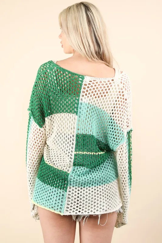 Green Color Block Oversized Summer Knit Cover Up - Tigbul's Variety Fashion Shop
