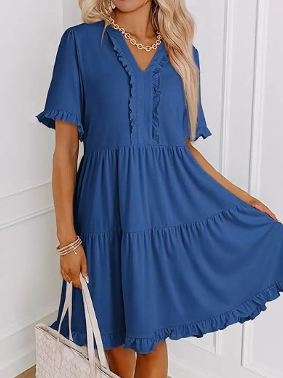 Tiered Notched Short Sleeve Mini Dress - Tigbul's Variety Fashion Shop
