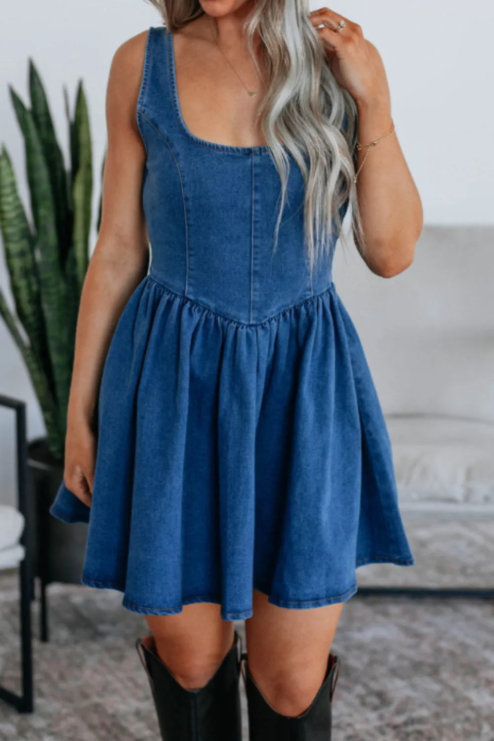 V-Back Bow Tie Denim Skater Dress - Tigbul's Variety Fashion Shop