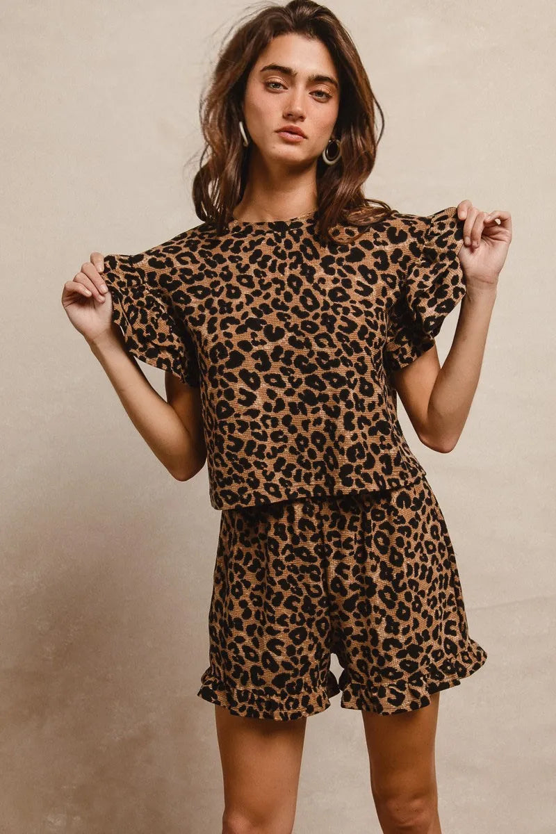 BiBi Leopard Print Waffle Texture Layered Ruffle Sleeve Top and Shorts Set - Tigbul's Variety Fashion Shop